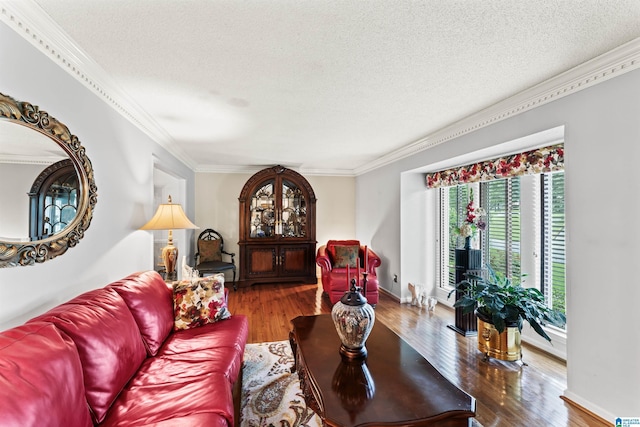 living room with crown molding, dark wood-type flooring, and a textured ceiling