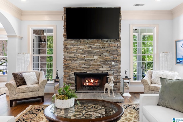 living room featuring a stone fireplace, a wealth of natural light, and dark hardwood / wood-style flooring