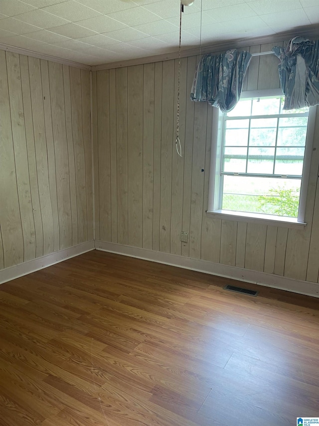 unfurnished room featuring wood walls and hardwood / wood-style flooring