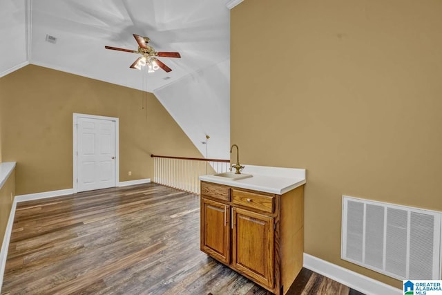 additional living space featuring lofted ceiling, sink, hardwood / wood-style flooring, and ceiling fan