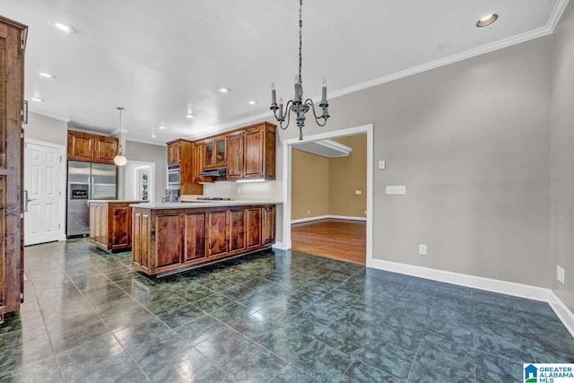 kitchen with stainless steel refrigerator with ice dispenser, gas stovetop, decorative light fixtures, ornamental molding, and wall oven