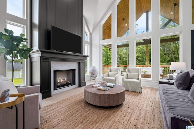 sunroom featuring a fireplace and a healthy amount of sunlight