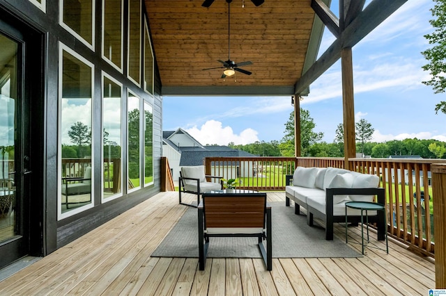 wooden deck featuring ceiling fan and an outdoor hangout area