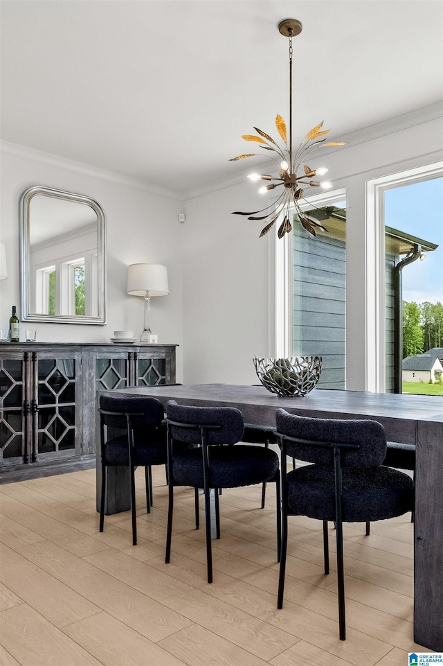 dining area featuring an inviting chandelier, a wealth of natural light, ornamental molding, and light hardwood / wood-style floors