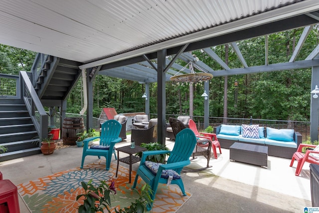 view of patio with an outdoor living space and a pergola