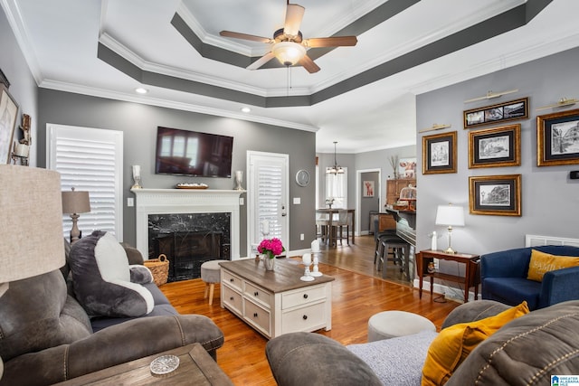 living room featuring a premium fireplace, crown molding, light hardwood / wood-style floors, and a tray ceiling