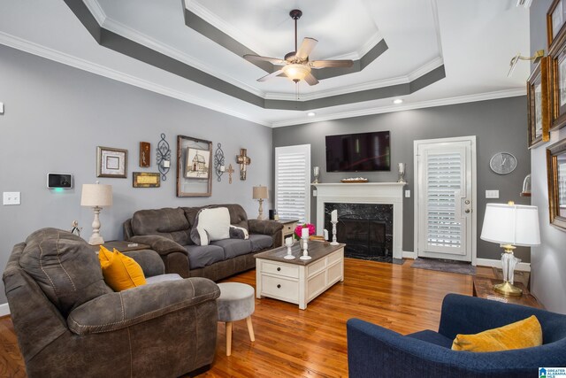 living room featuring light wood-type flooring, ornamental molding, a raised ceiling, ceiling fan, and a premium fireplace