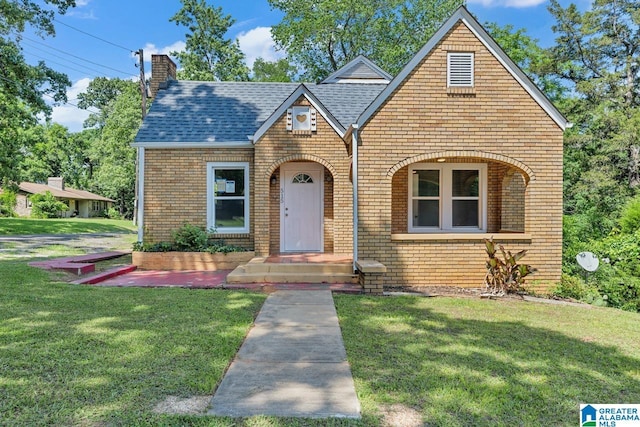 tudor house featuring a front lawn