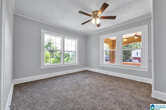 empty room with a textured ceiling, crown molding, and carpet floors