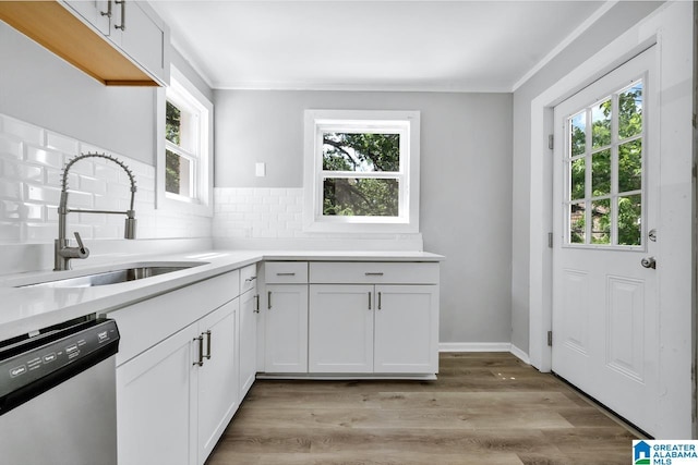 kitchen featuring tasteful backsplash, dishwasher, light wood-type flooring, white cabinets, and sink