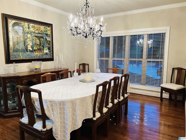 dining space with a notable chandelier, ornamental molding, and dark wood-type flooring