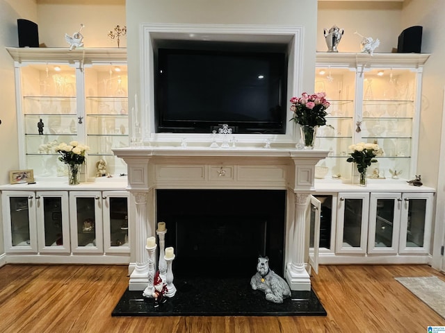 interior space featuring a high end fireplace and light hardwood / wood-style floors