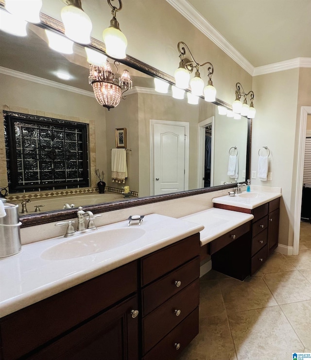 bathroom with tile patterned flooring, vanity, crown molding, and a chandelier