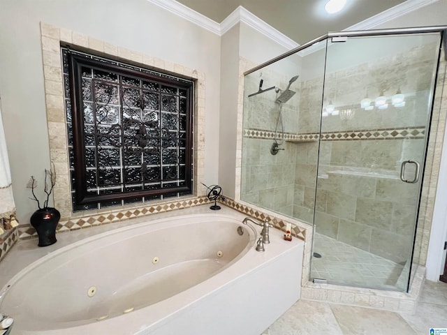 bathroom featuring separate shower and tub and ornamental molding