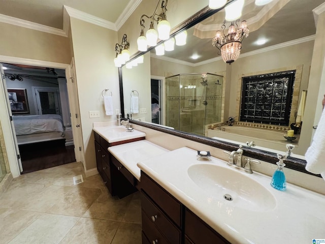 bathroom with tile patterned floors, vanity, crown molding, independent shower and bath, and a notable chandelier