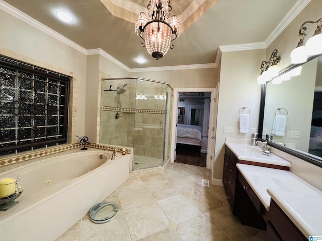 bathroom featuring plus walk in shower, vanity, a chandelier, and ornamental molding