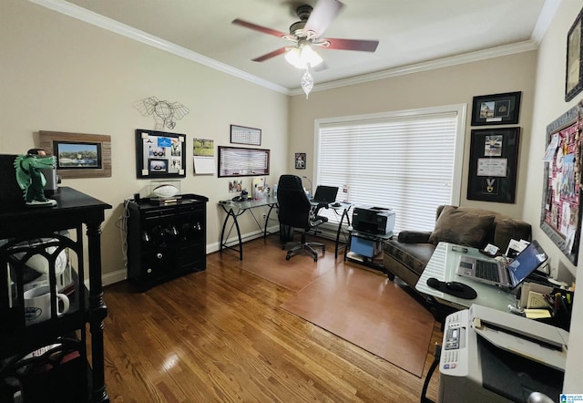 office area featuring crown molding, ceiling fan, and dark hardwood / wood-style floors