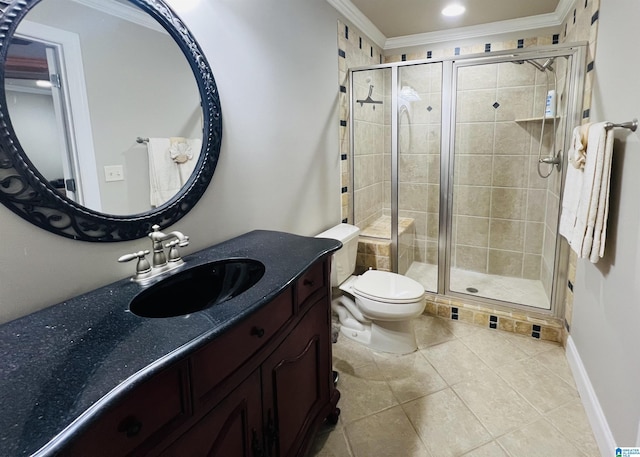 bathroom featuring tile patterned flooring, vanity, ornamental molding, and walk in shower