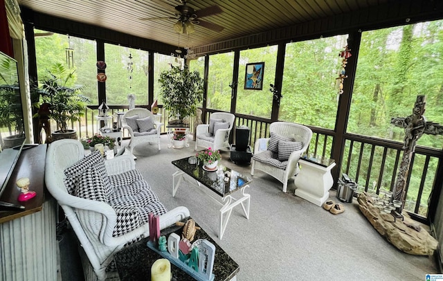 sunroom with ceiling fan and wood ceiling