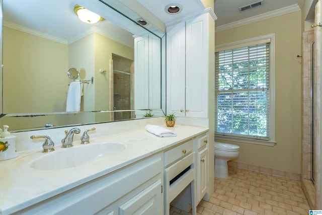 bathroom with ornamental molding, visible vents, a shower with door, and toilet