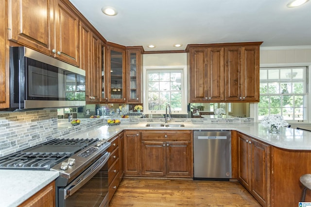 kitchen with stainless steel appliances, crown molding, a sink, and glass insert cabinets