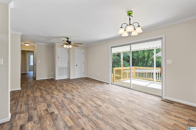 unfurnished living room with crown molding, ceiling fan with notable chandelier, and hardwood / wood-style flooring