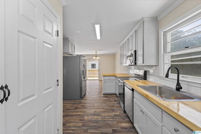 kitchen featuring butcher block countertops, stainless steel appliances, gray cabinetry, and sink