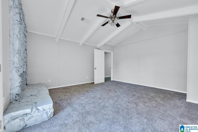 interior space with vaulted ceiling with beams, ceiling fan, and dark colored carpet