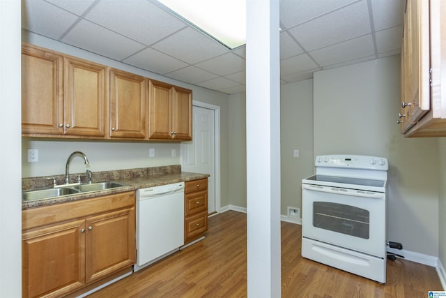 kitchen with a drop ceiling, light wood-type flooring, white appliances, and sink