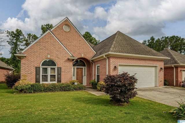 view of front of home with a front lawn and a garage