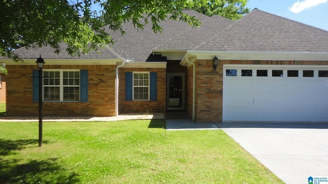 single story home with a front lawn and a garage