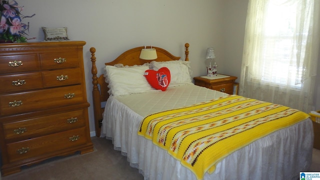 bedroom with dark carpet