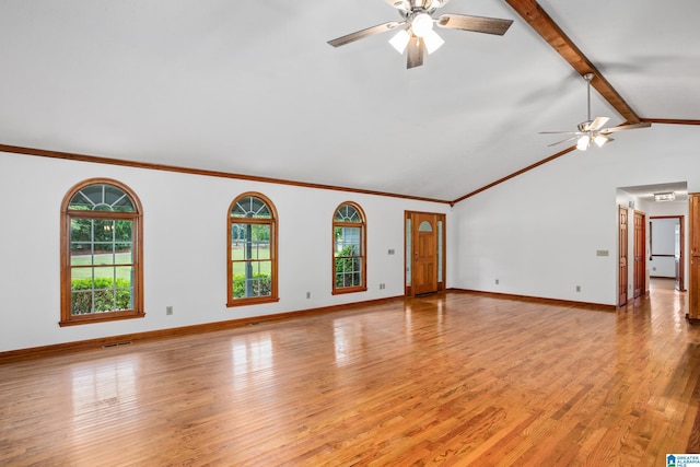 873 Buckelew Rd, Anniston, AL 36207 - unfurnished living room with a ceiling fan, light wood-style flooring, baseboards, and crown molding