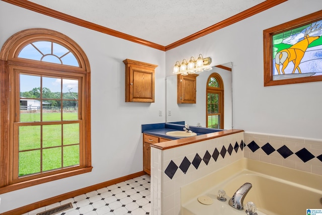 bathroom with vanity, a bath, ornamental molding, and a textured ceiling