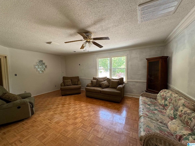 living room featuring a textured ceiling, crown molding, and light parquet flooring