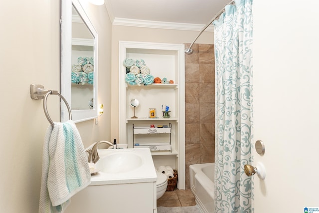 full bathroom with shower / tub combo, ornamental molding, vanity, tile patterned flooring, and toilet