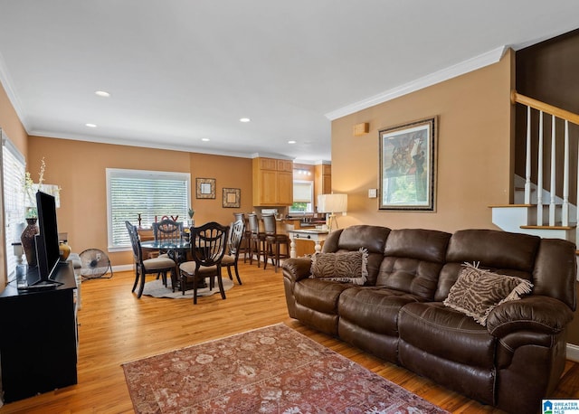 living room featuring light hardwood / wood-style floors and crown molding