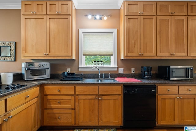 kitchen featuring black appliances, sink, and crown molding