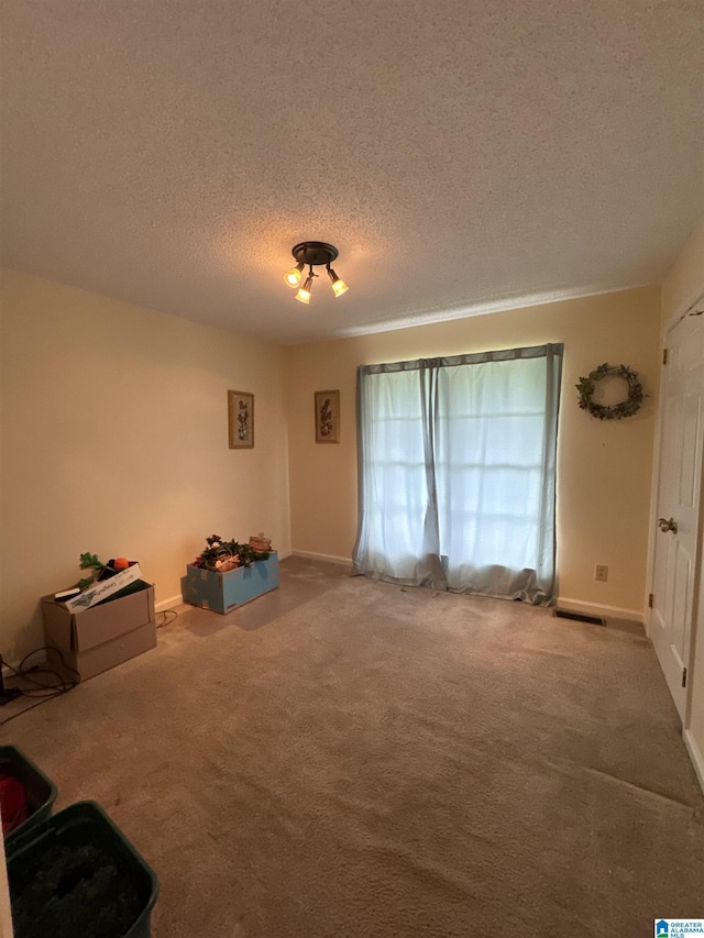 unfurnished room featuring a textured ceiling and carpet flooring