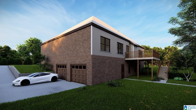 view of home's exterior with a yard, a garage, and a wooden deck