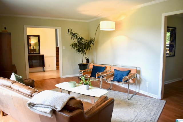 living room with hardwood / wood-style flooring and crown molding