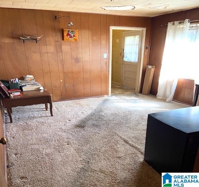 interior space featuring carpet flooring and wooden walls