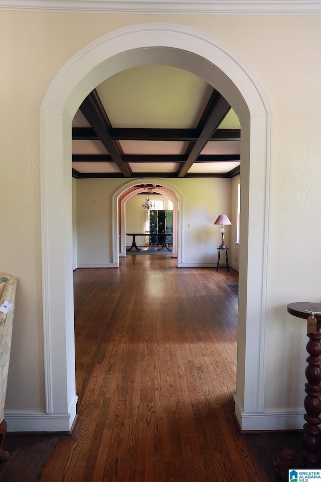 hall featuring beamed ceiling, dark wood-type flooring, and coffered ceiling