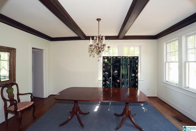 dining space featuring beam ceiling, a chandelier, crown molding, and dark wood-type flooring