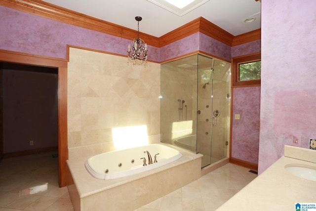 bathroom with a chandelier, ornamental molding, tile patterned floors, and independent shower and bath