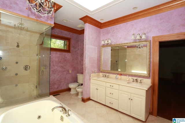 full bathroom with vanity, a bidet, crown molding, toilet, and independent shower and bath