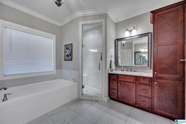 bathroom featuring vanity, ornamental molding, and shower with separate bathtub