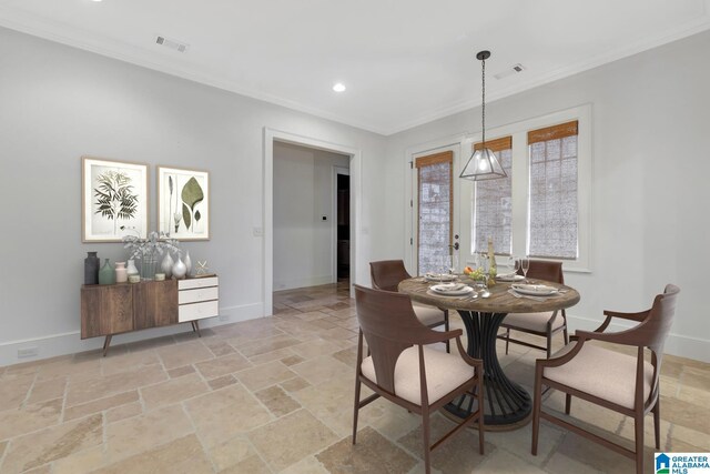 kitchen with custom exhaust hood, range with two ovens, ornamental molding, and decorative backsplash