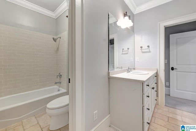 bathroom with vanity, toilet, and ornamental molding