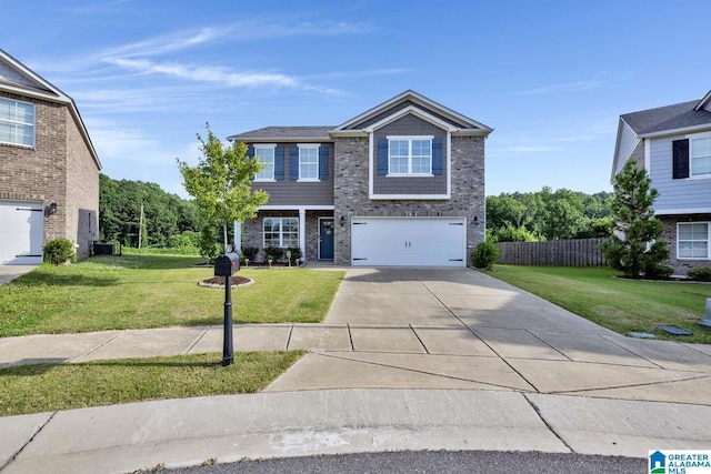 view of front of property with a front yard, a garage, and cooling unit